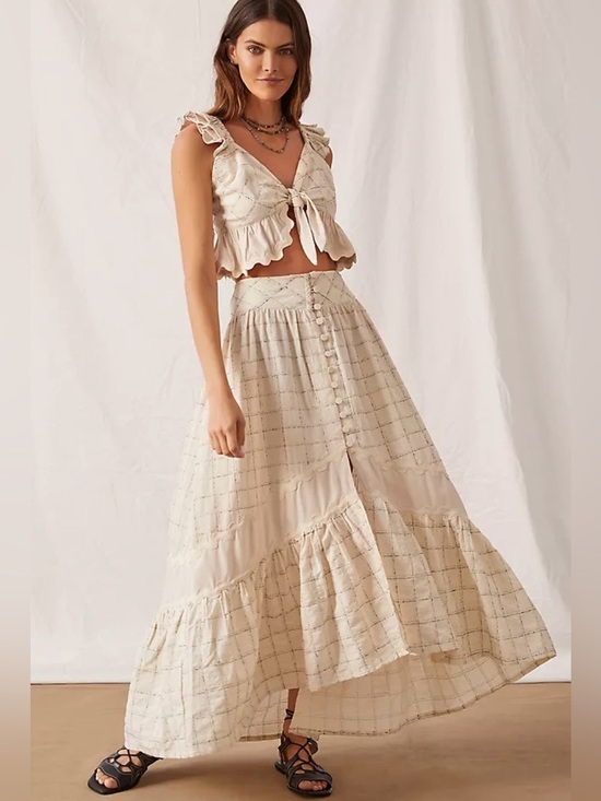 Anthropologie Dresses & Skirts - Anthropologie Womens Raissa A-Line Button Front Midi Skirt Sz Medium Beige Boho